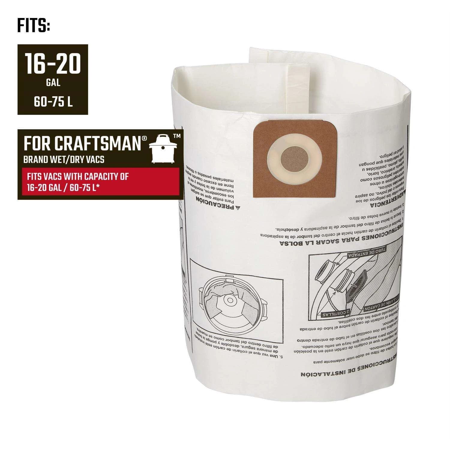 Craftsman 2 In. L X 12 In. W Wet/Dry Vac Bag 16-20 Gal 2 Pc - Image 2
