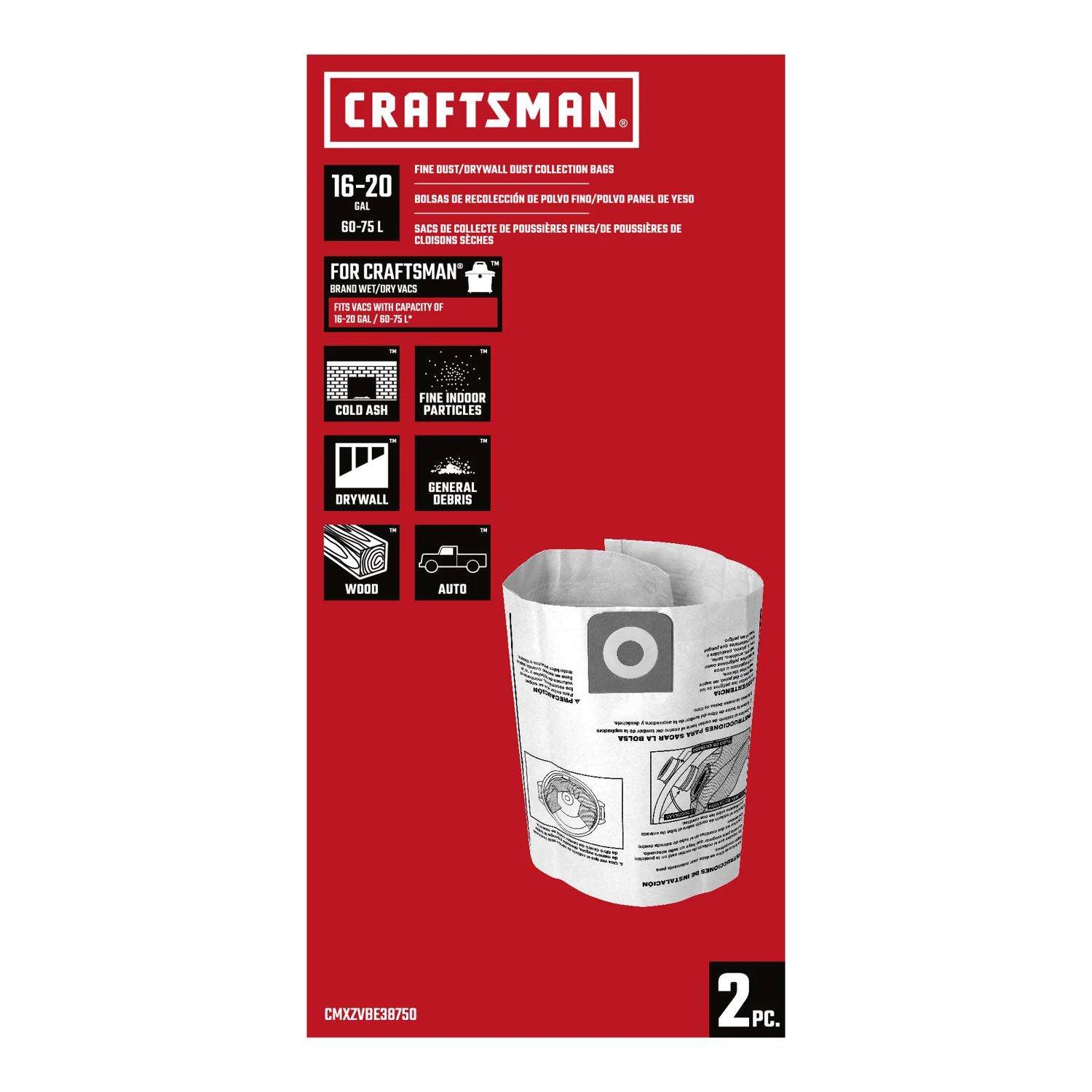 Craftsman 2 In. L X 12 In. W Wet/Dry Vac Bag 16-20 Gal 2 Pc - Image 10
