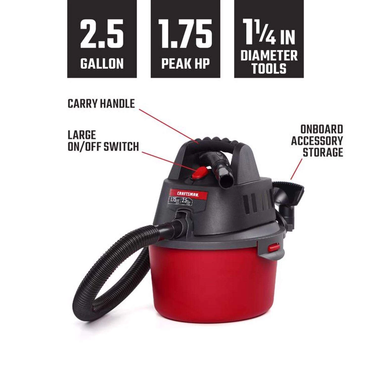 Craftsman 2.5 Gal Corded Wet/Dry Vacuum Tool Only 3 Amps 120 V 1.75 HP - Image 3
