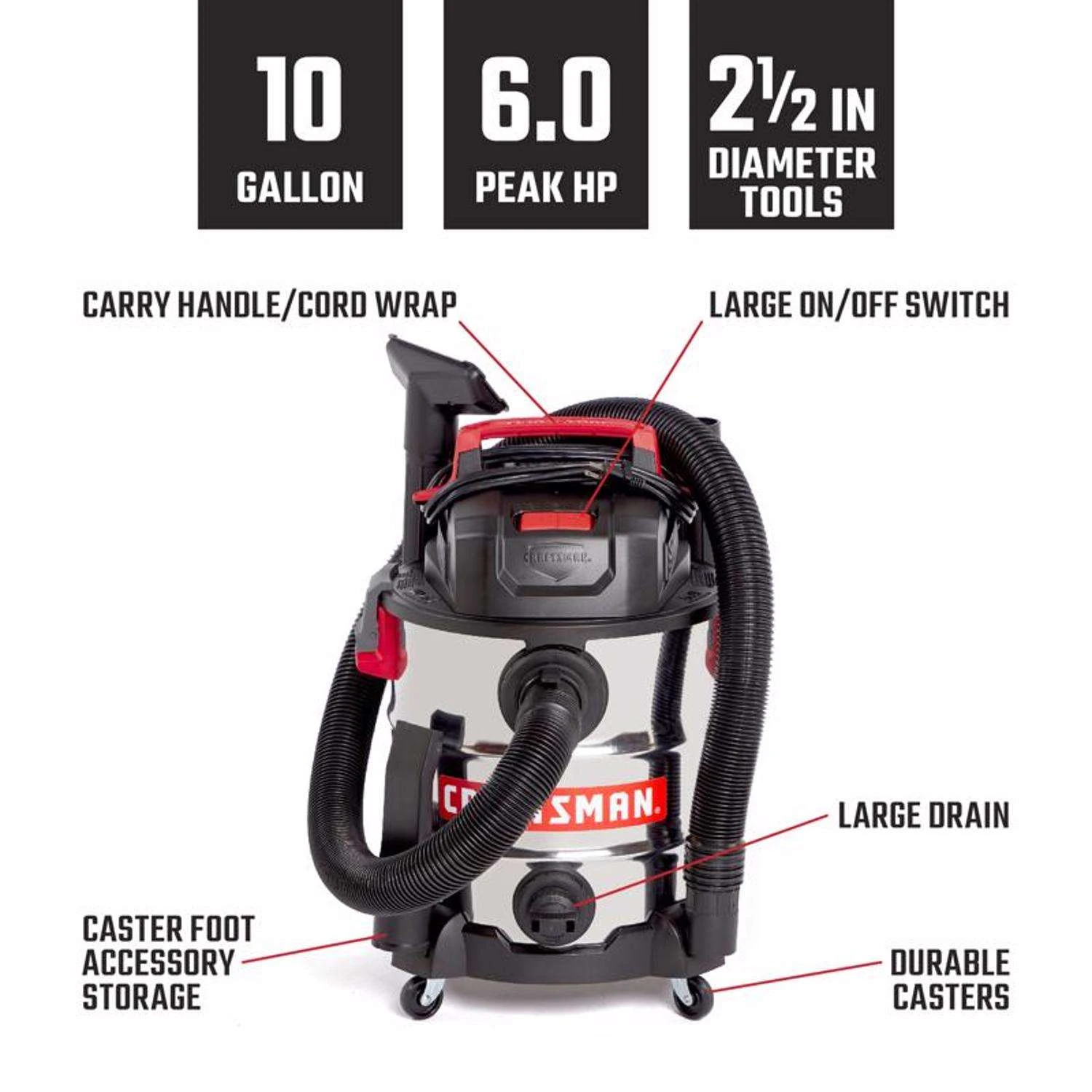 Craftsman 10 Gal Corded Wet/Dry Vacuum 120 V 6 HP - Image 3