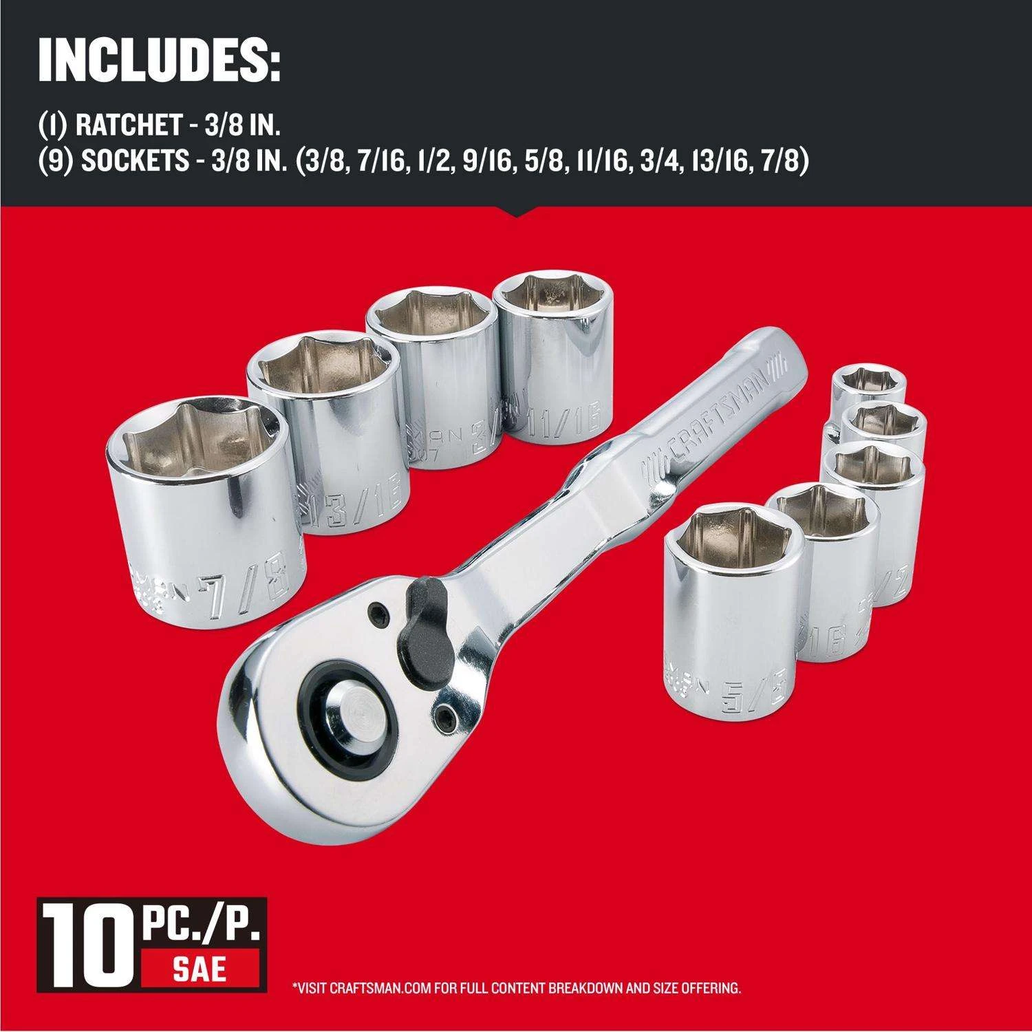 Craftsman 3/8 In. Drive SAE 6 Point Socket Set 10 Pc - Image 2