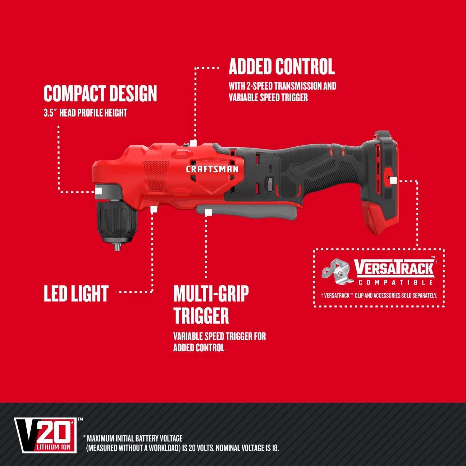 Craftsman V20 3/8 In. Brushed Cordless Right Angle Drill Tool Only - Image 2