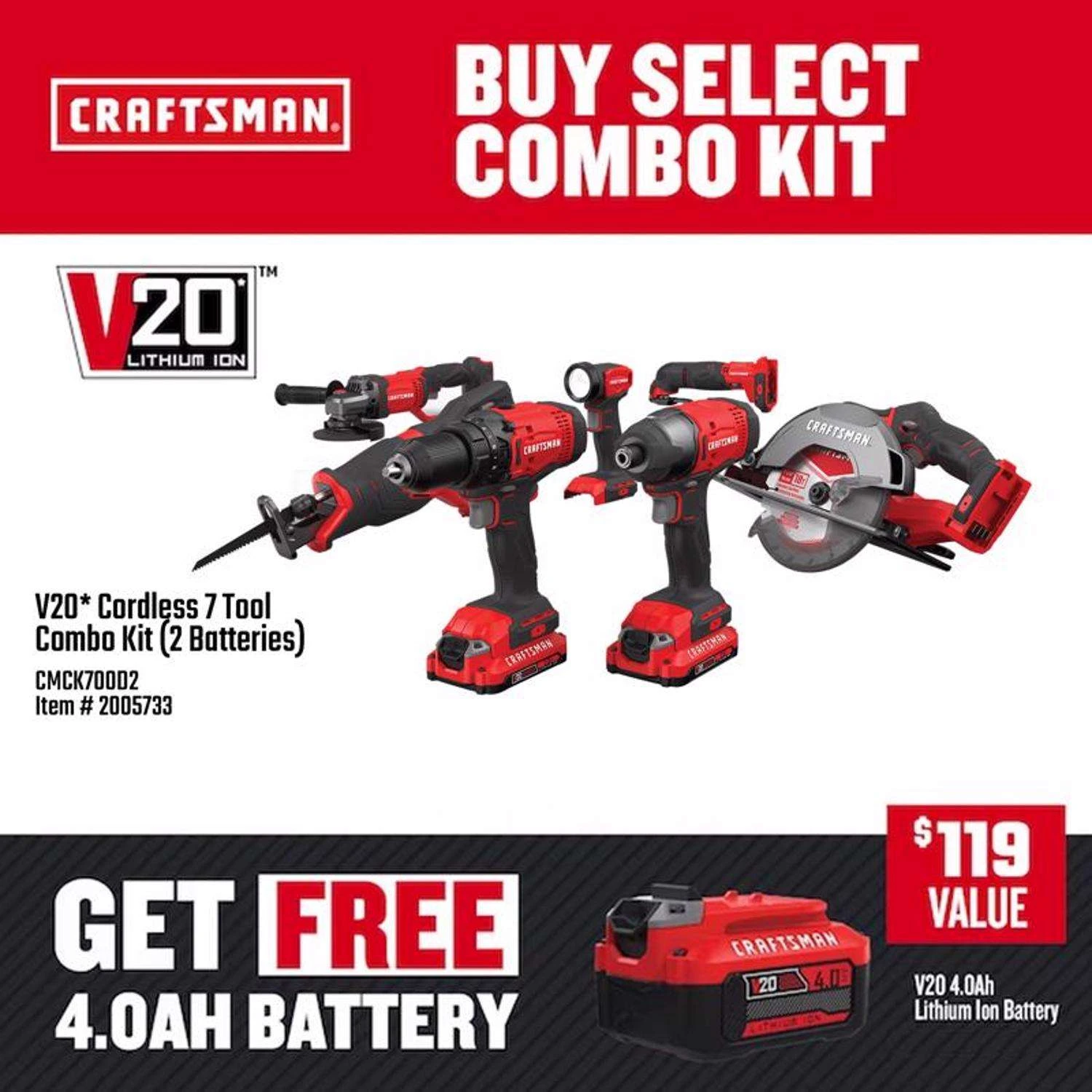 Craftsman V20 Cordless Brushed 7 Tool Combo Kit - Image 2