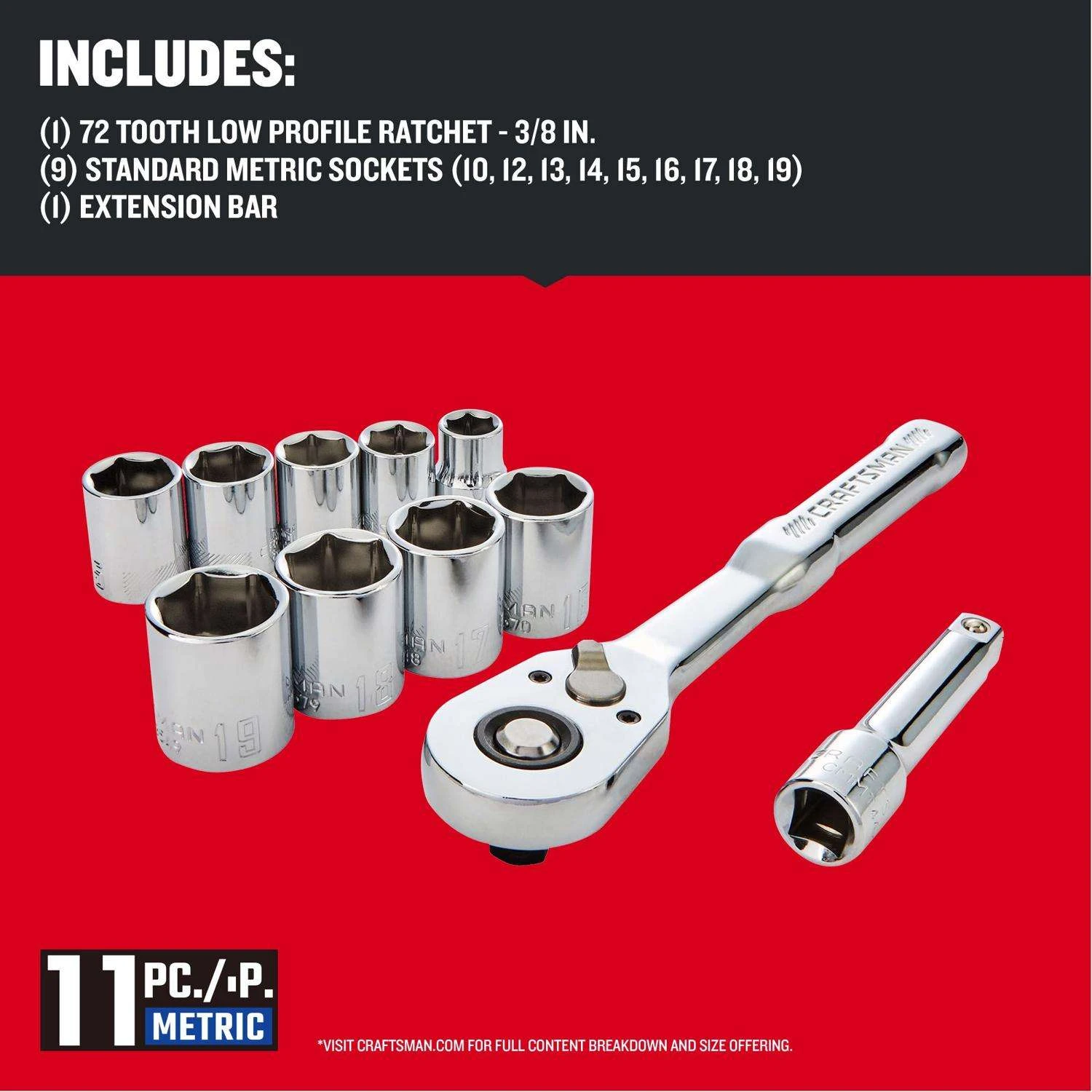 Craftsman 3/8 In. Drive Metric 6 Point Socket And Ratchet Set 11 Pc - Image 3